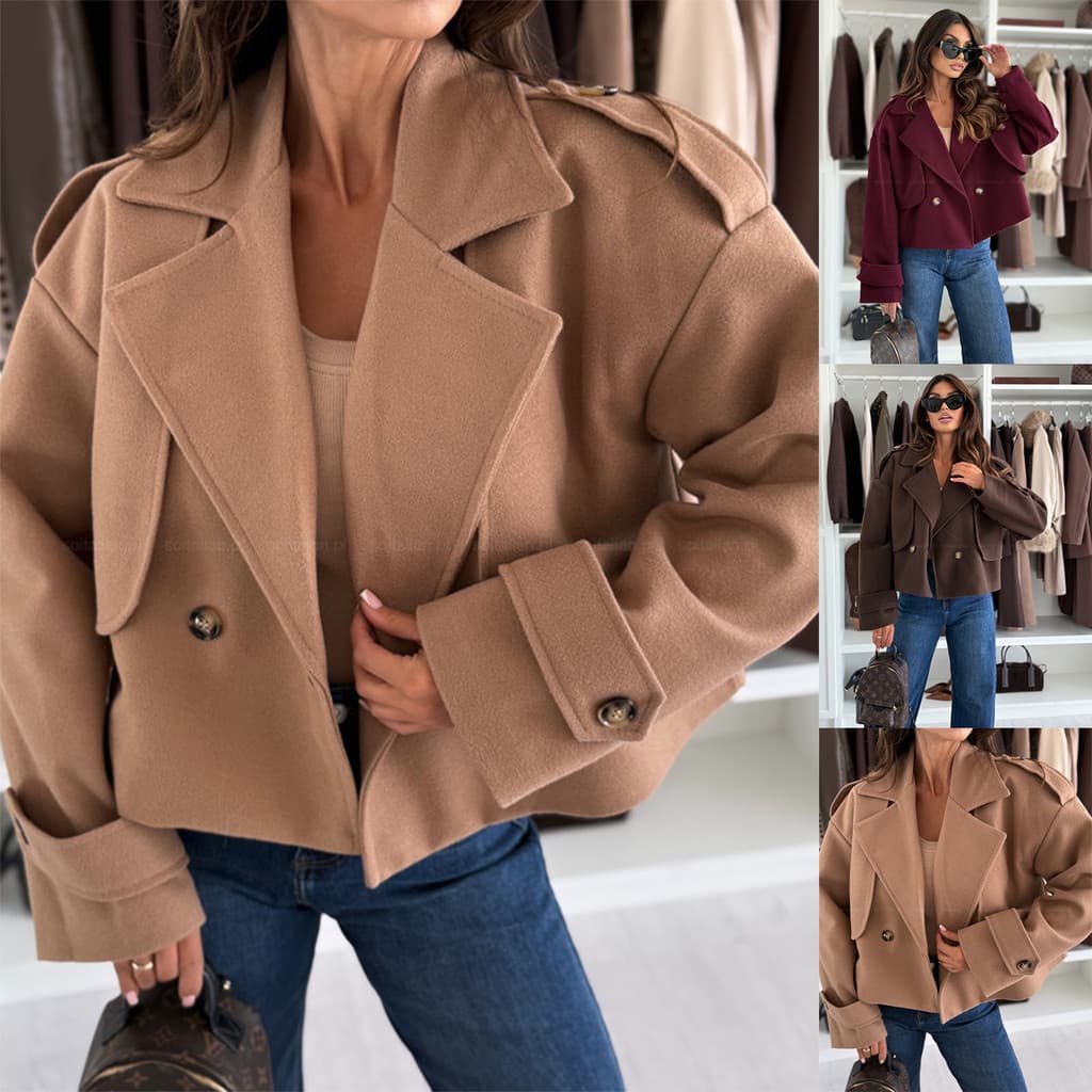 Nova Coleção Outono/Inverno: Casaco Curto de Lã Simples de Manga Longa em Cor Sólida para Mulheres.