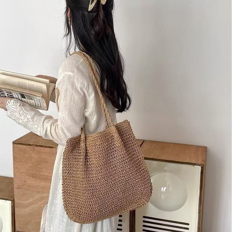 Bolsa artesanal tecida em estilo coreano, casual e simples, de cor sólida, bolsa de palha com alça dupla, estilo praia e
