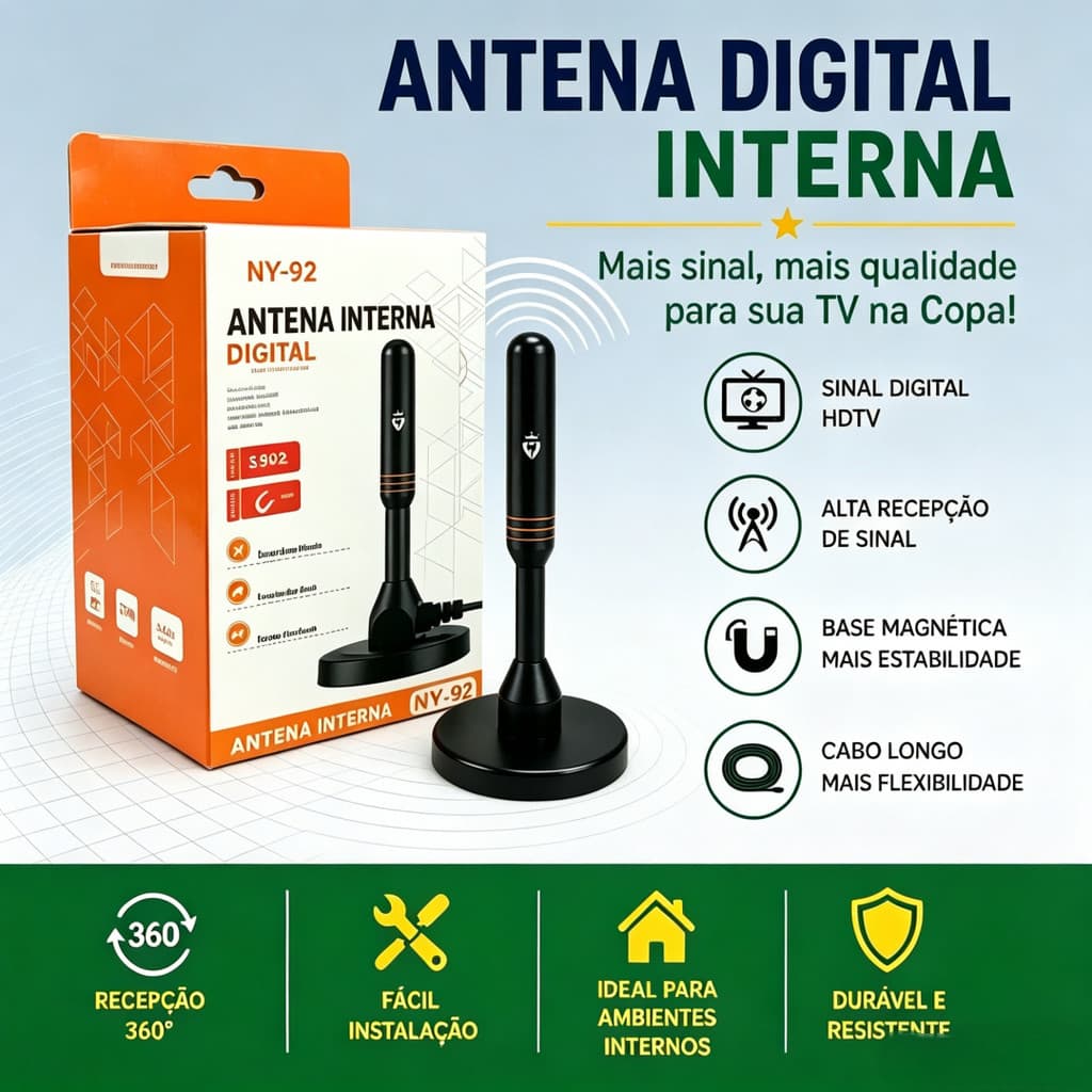 Antena Digital HDTV UHF VHF FM Interna e Externa Cabo 3mt /5mt Prova D'água  Base Imã Amplificada 3,5 dbi