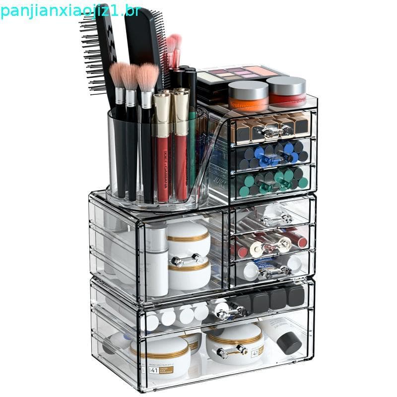 Clear Acrylic Makeup Organizers for Vanity,Countertop,3 Pack Make up Drawer Organizer With Makeup Brush Holder,Plastic S