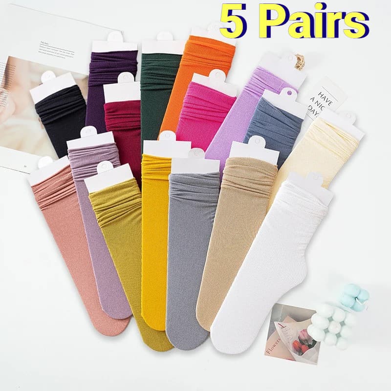 5 Pares Lote Verão Fino Sólido Meias Femininas Conjunto Harajuku Simplicidade Branco Longas Kawaii Nude Moda Para Estuda