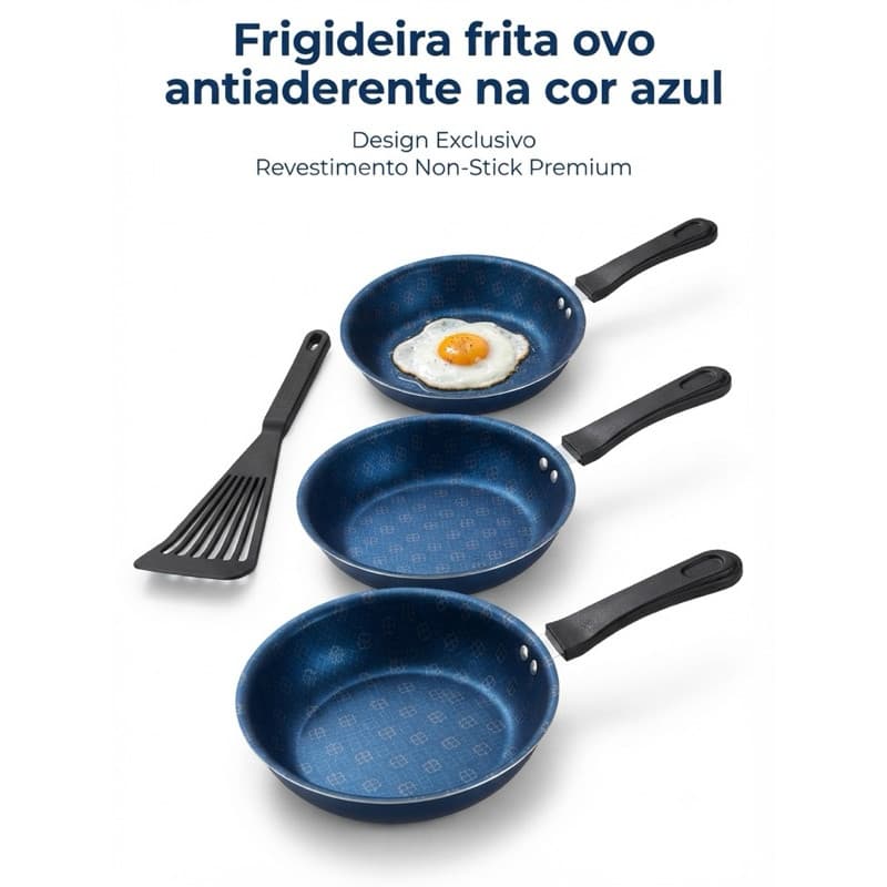 Kit c/3 FritaOvo+Espatula Frigideira FrigiOvo Azul decorado antiaderente