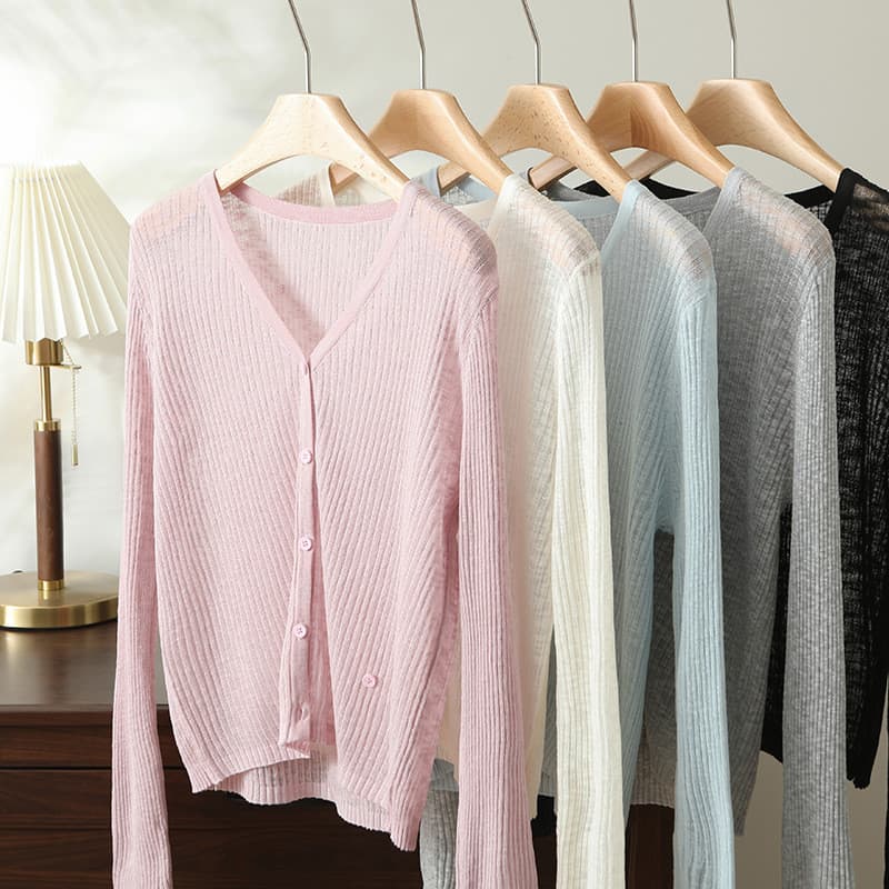 Seaside maiô blusa de bambu cânhamo gelo seda protetor solar camisa Cardigan fino feminino malha curto mais magro olhar