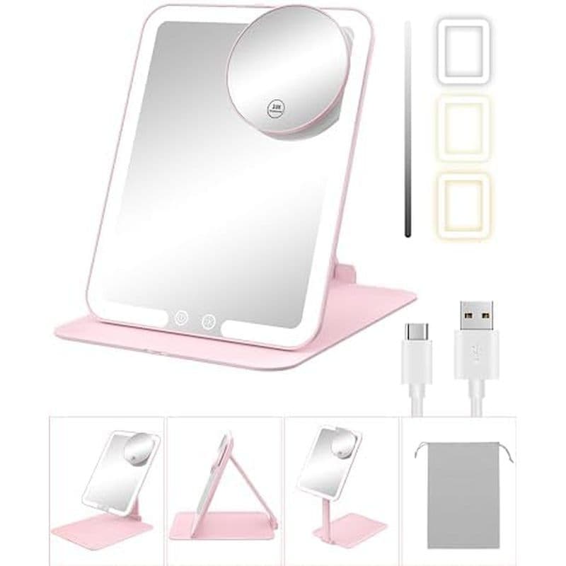 Espelho De Maquiagem Gospire Travel Com Luzes E Ampliação 10X , Mesa Compacto Portátil Suporte Ajustável Vaidade LED Ilu