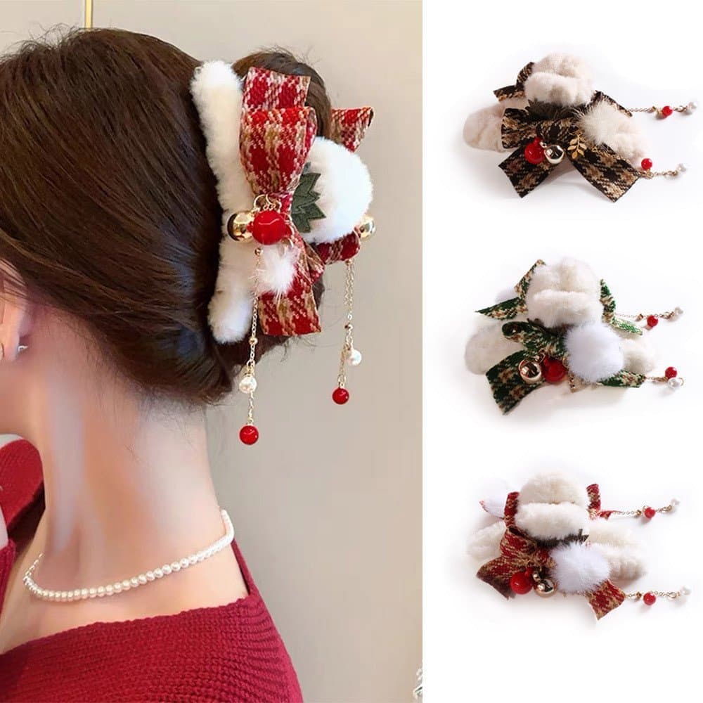 Presilha Cabelo Natal - Galhada Rena Floco Neve Pelúcia 37g 3 Cores