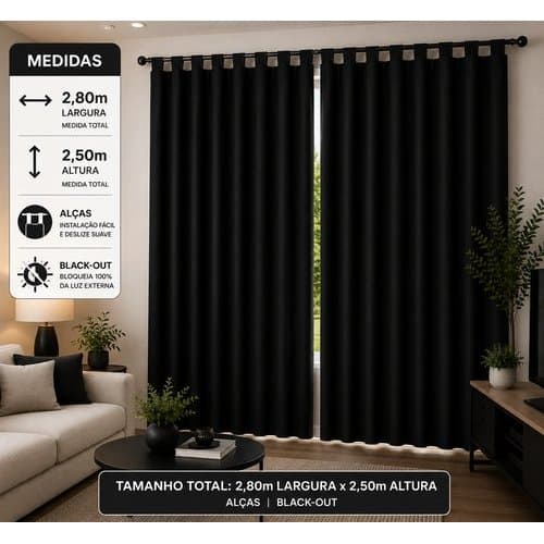 Cortina Blackout Preta Ilhos Metalicos 280x250cm Tecido Bloqueio Luz Isolamento Termico