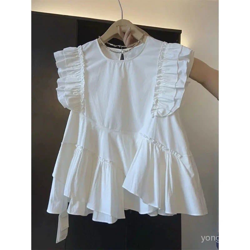 Roupas Femininas Moda Verão Casual com Babados Cor Sólida Decote Redondo Feminino Versátil Efeito Emagrecedor Manga Curt