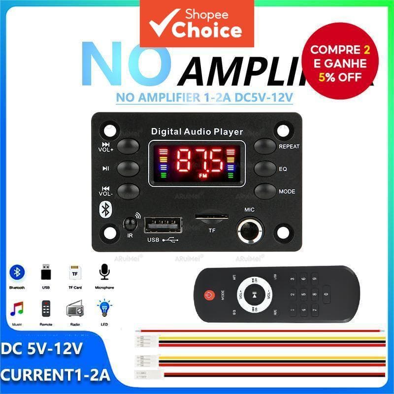 Módulo Amplificador Bluetooth 5-12V com Controle Remoto e Cabos para Caixa de Som Wireless DIY