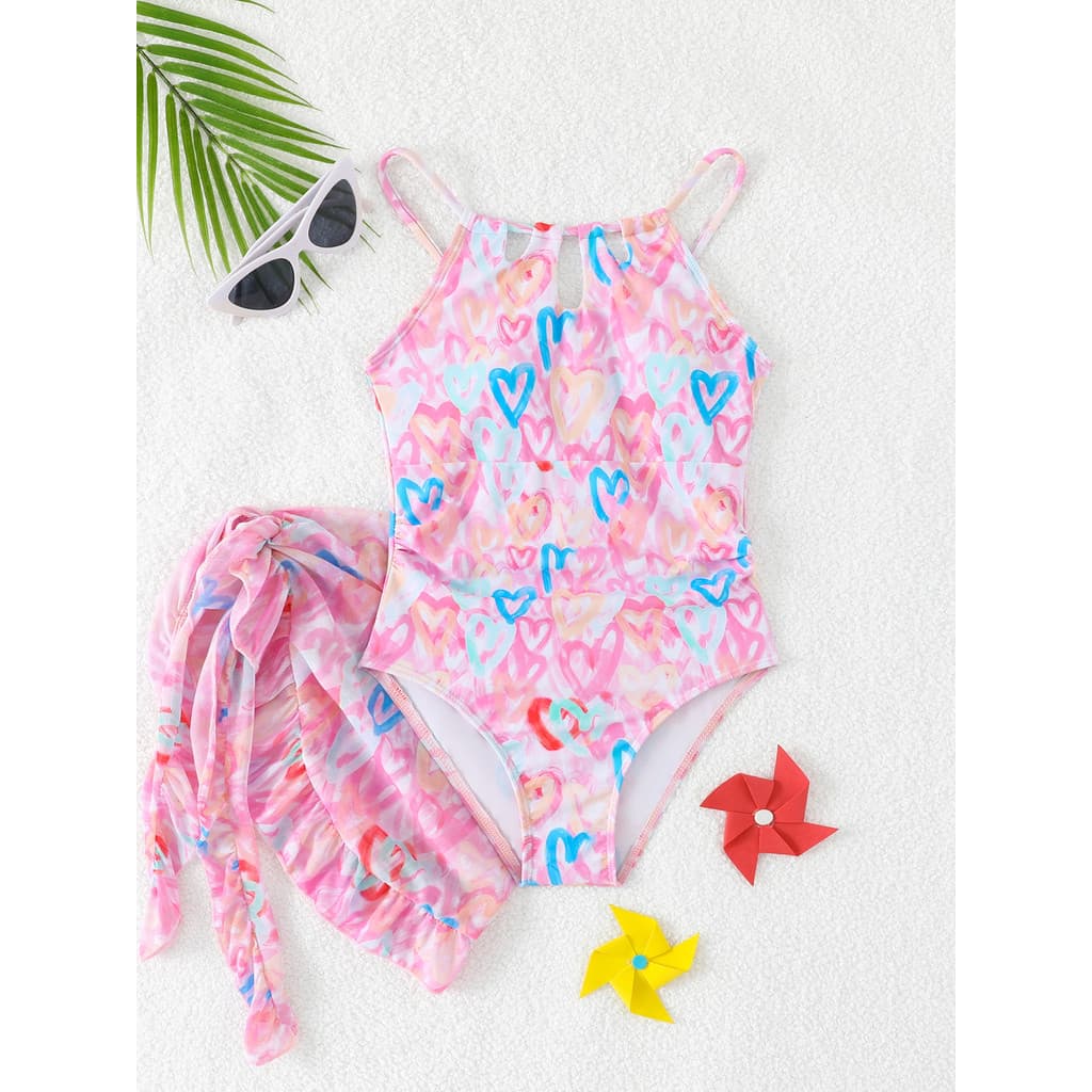 Maiô Infantil Com Estampa De Coração E Saia , Roupa De Banho Para Meninas , Praia , Férias , Duas Peças , Conjunto De