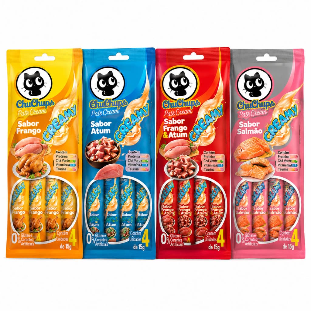 Petisco Creamy Para Gatos ChuChups Churu Sachês 15g Frango Atum Salmão Snack Cremoso