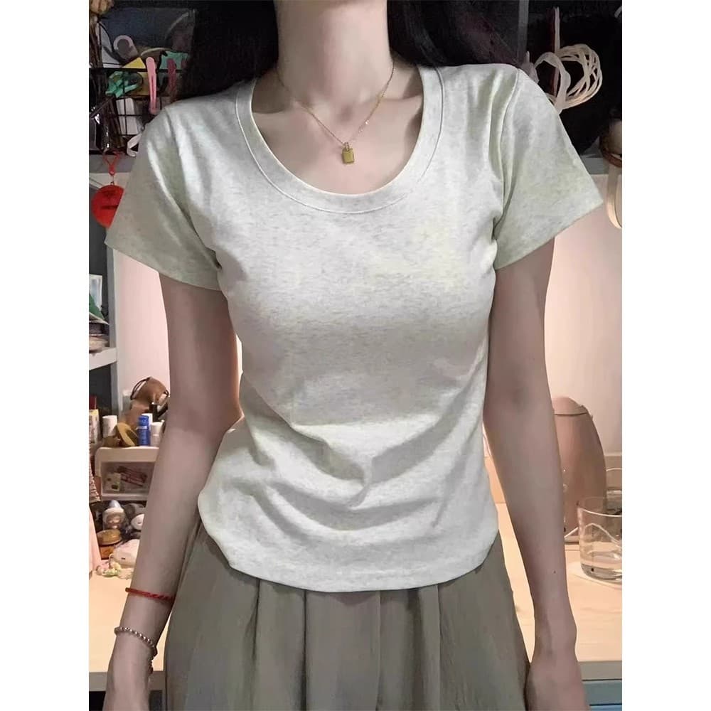 Estilo americano Formal ombro de manga curta camiseta feminina verão novo estilo com decote em U interior curto fino-aju