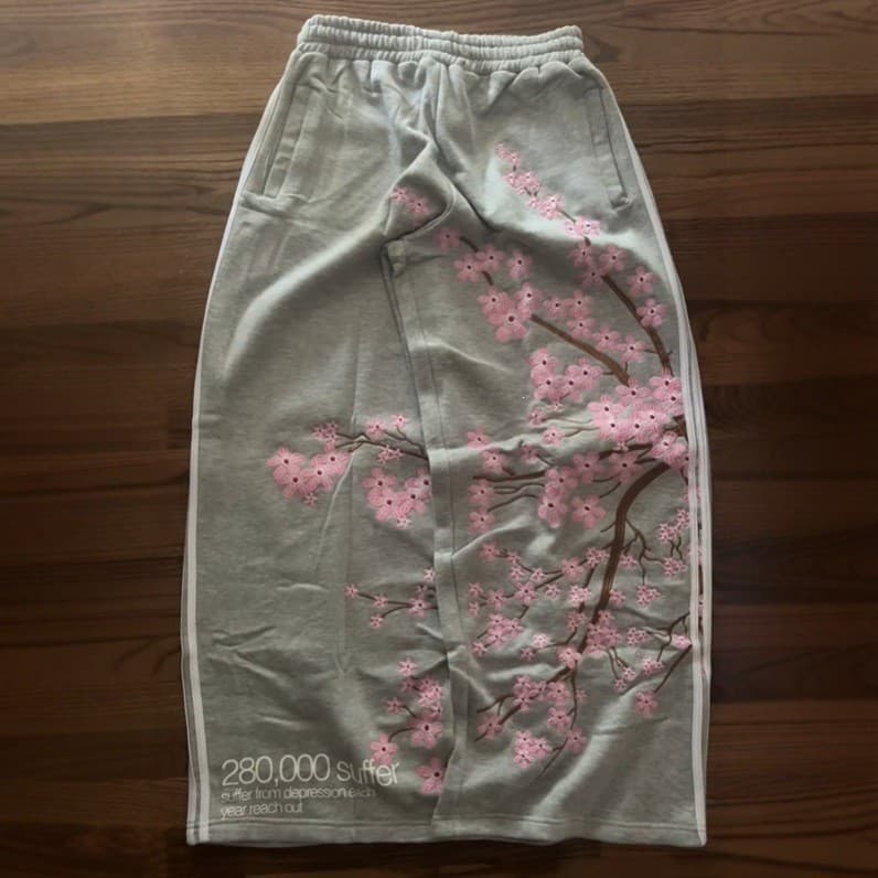 TK Plum Bordado Sweatpants Masculino Solto Cintura Alta Reta Calças Perna Larga Homens