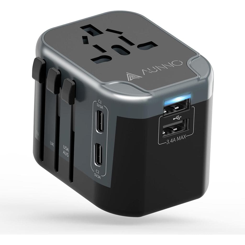Adaptador de Viagem Universal AUNNO, Adaptador de Tomada Internacional com 2 Portas USB-C e 2 Portas USB, Adaptador Tudo