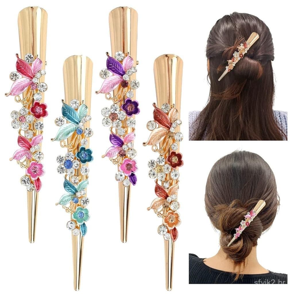 Conjunto de 4 peças Dizila de presilhas de metal grandes e longas com flores e borboletas de strass brilhantes, presilha