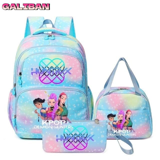 Conjunto de três peças de grande capacidade do grupo feminino de KPop Hunter: estojo de lápis, bolsa para almoço, mochil