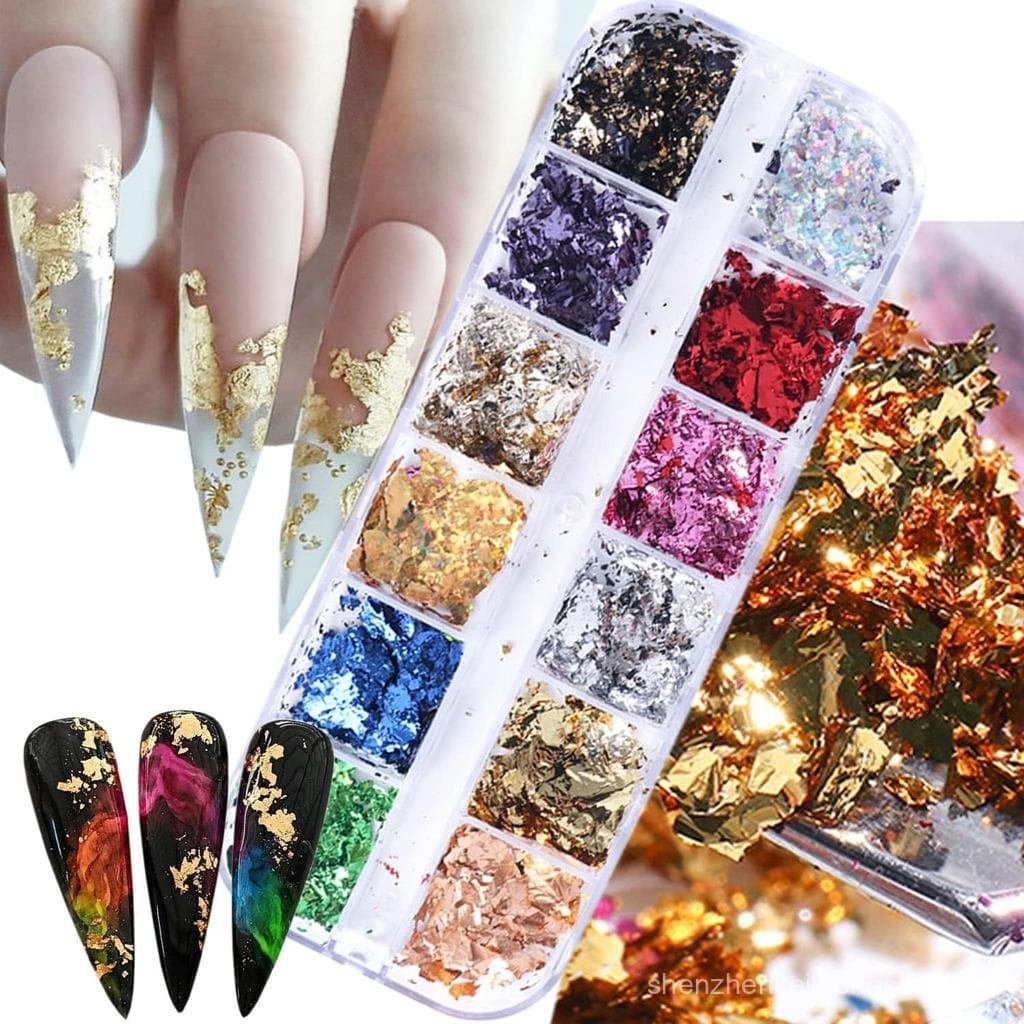 Folhas de Glitter Holográfico para Unhas, 12 Cores Brilhantes, Folhas de Alumínio Ultra-Finas para Arte de Unhas, Lantej