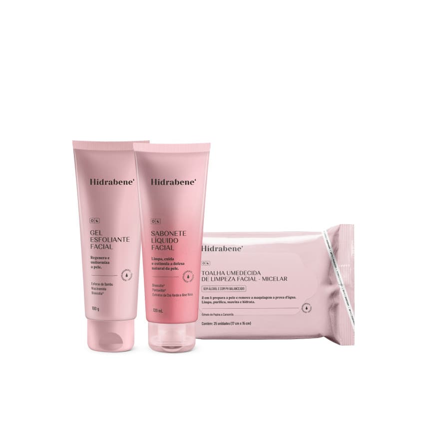 Kit Cuidado Diário - Sabonete líquido facial 120ml + Gel esfoliante 100g + Toalha umedecida micelar facial