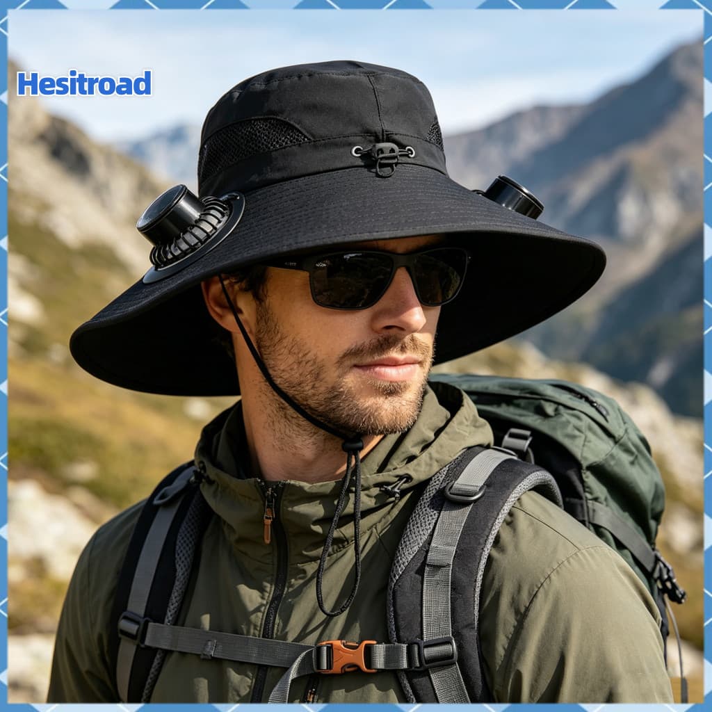Buckle Sun Hat with Dual Fans Battery Solar Charging Full-face Protection Wide Brim Adjustable Drawstring for Outdoor Wa
