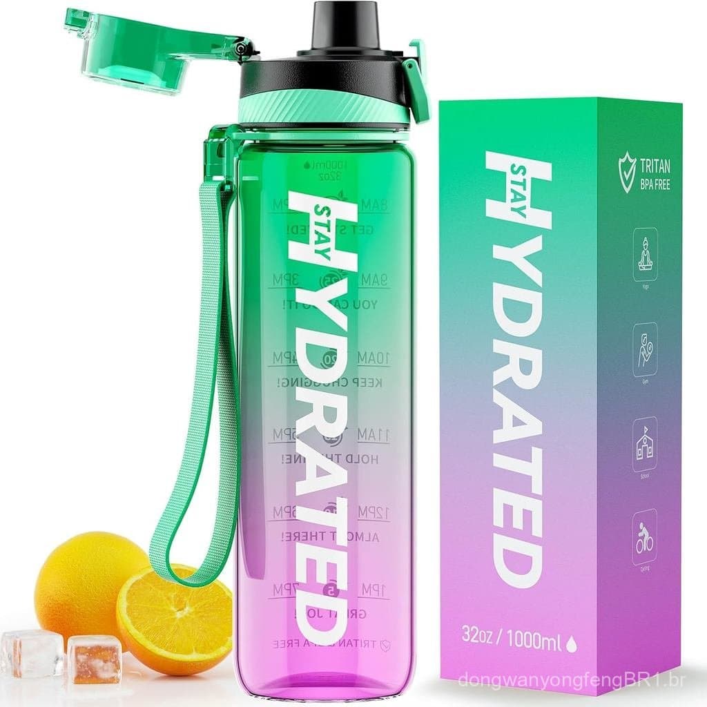 Garrafa de Água, 32 oz, Garrafas de Água Motivacionais com Marcador de Tempo - Livre de Tritan e BPA, Garrafa de Água Es