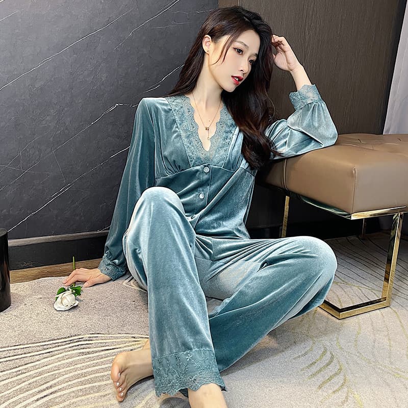 Pijama de veludo dourado com decote em V renda guarnição manga comprida terno de duas peças 2026 versão coreana Cardigan