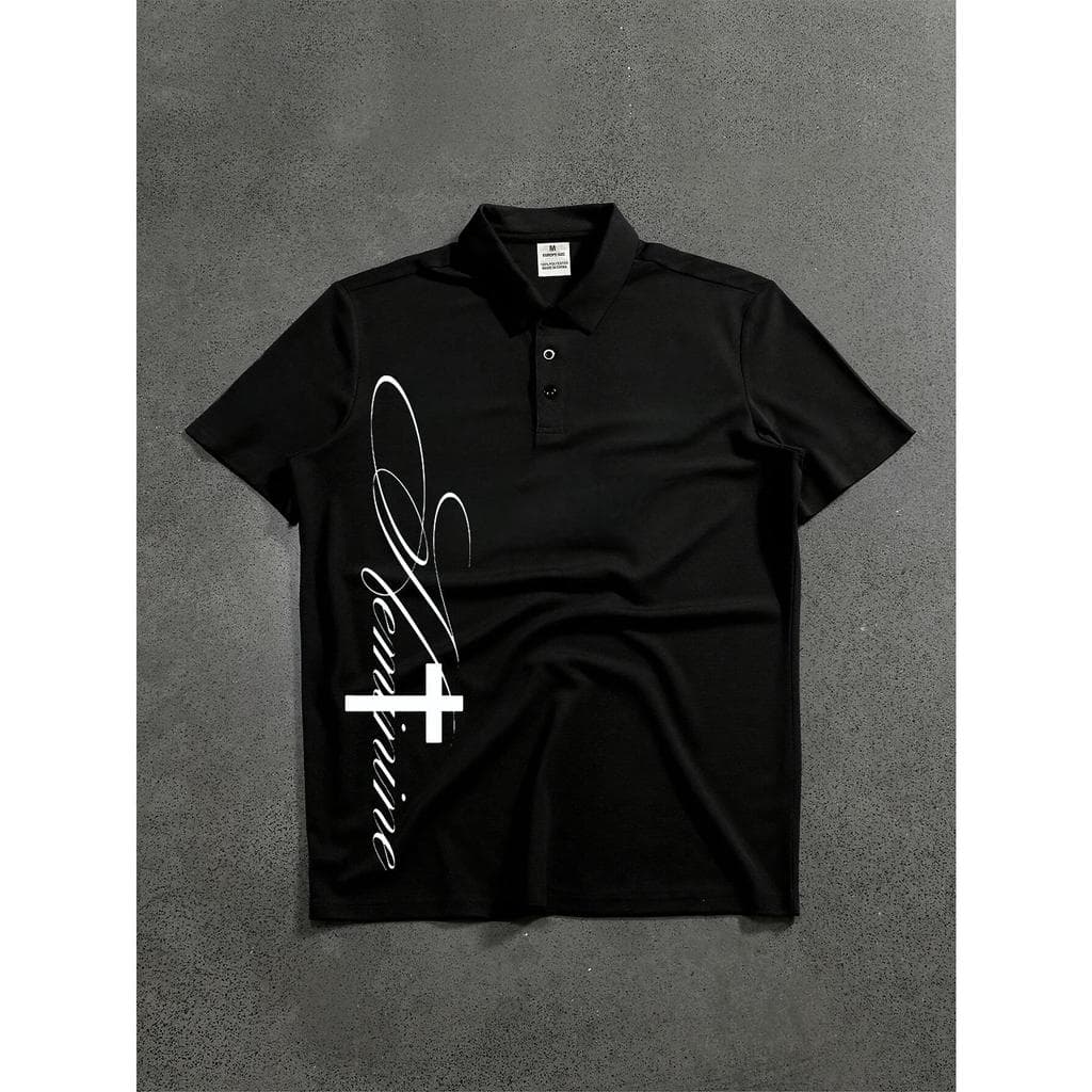 T-shirt de Manga Curta para Homem, Camisola Polo, Estampado com Padrão Cruzado e Texto, Estilo Biker Bad Boy, Corte Larg