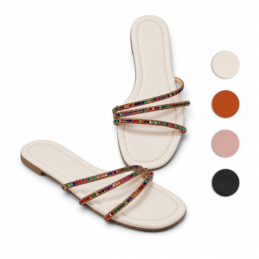 Rasteirinha Feminina Strass Colorido 3 Tiras Sandália Rasteira Confortável Casual Brilho