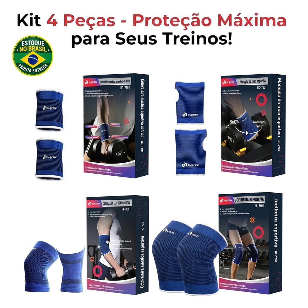 Kit 4 Peças Joelheira Cotoveleira Munhequeira Luva Compressão Ortopédica Academia Crossfit Musculação