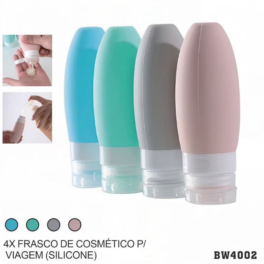 Recipientes Kit com 4 Frascos Garrafinhas Potes 90ml de Silicone para Cremes, Loções, Pastas, etc Cores Neutras