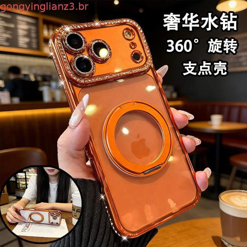 Capa De Telefone Com Suporte Magnético Oco De Diamante Flash Para iPhone 17 pro max 16 11 12 13 14 15 Proteção De Lente