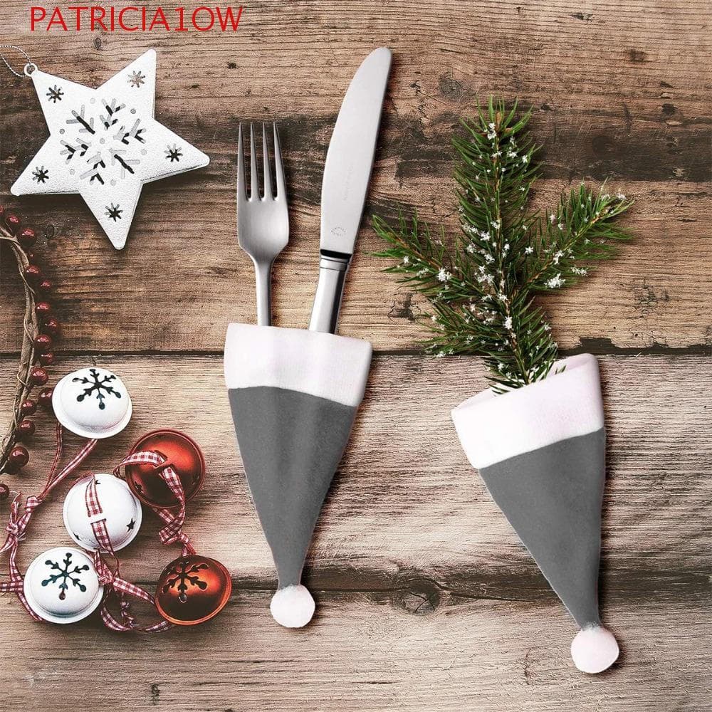 PATRICIA1OW Suporte para talheres de Natal em formato de chapéu, 10 peças, decorações de Papai Noel em tecido não tecido