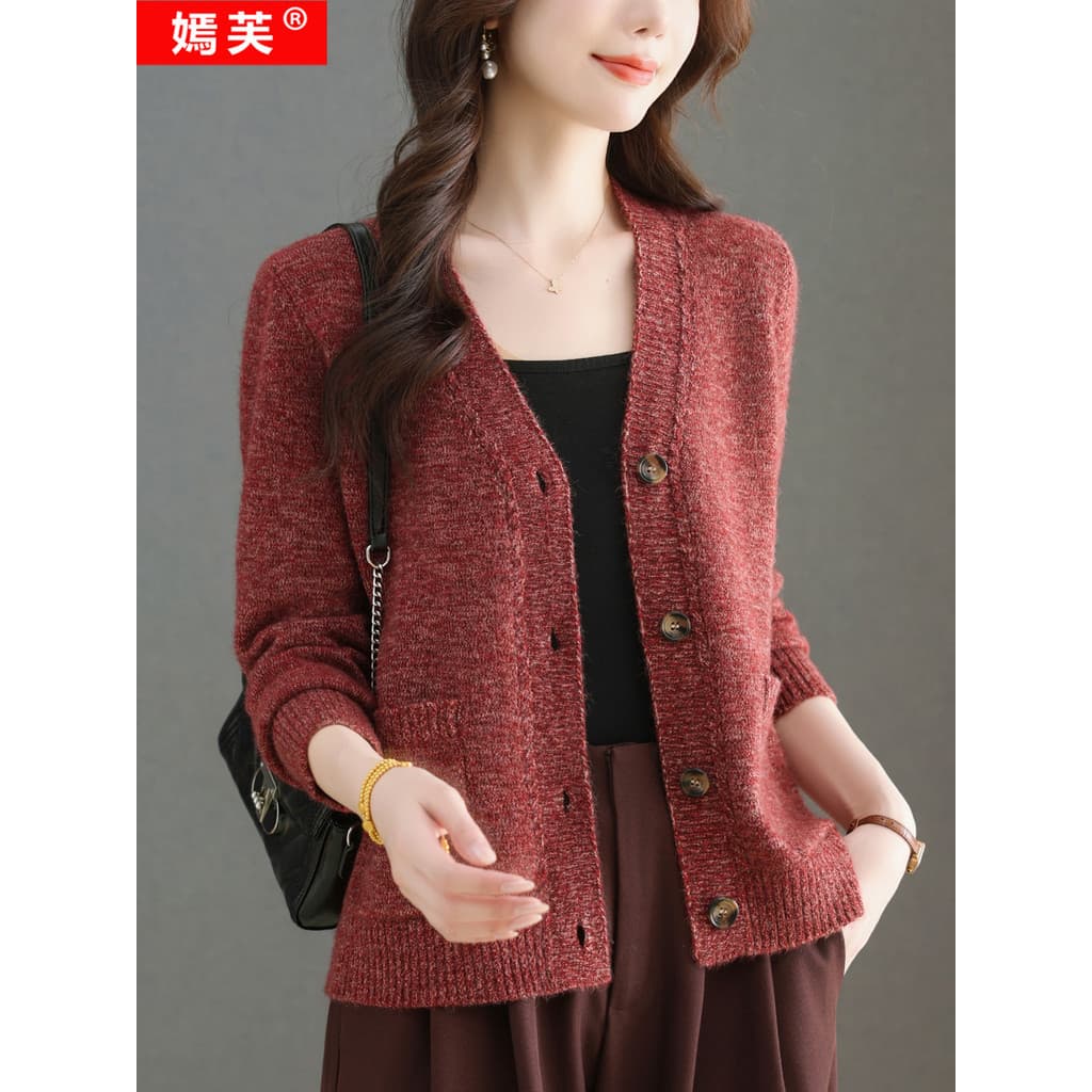 Yanfu camisola feminina de malha Cardigan 2026 primavera outono novo estilo mãe mais magro olhar solto com decote em V c