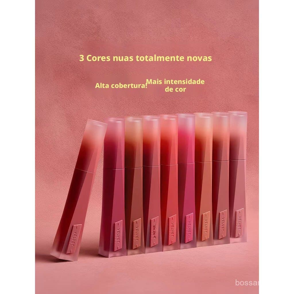 3CE Velvet Lip Glaze 3.2g, batom que não transfere facilmente, maquiagem em tons nude e laranja.