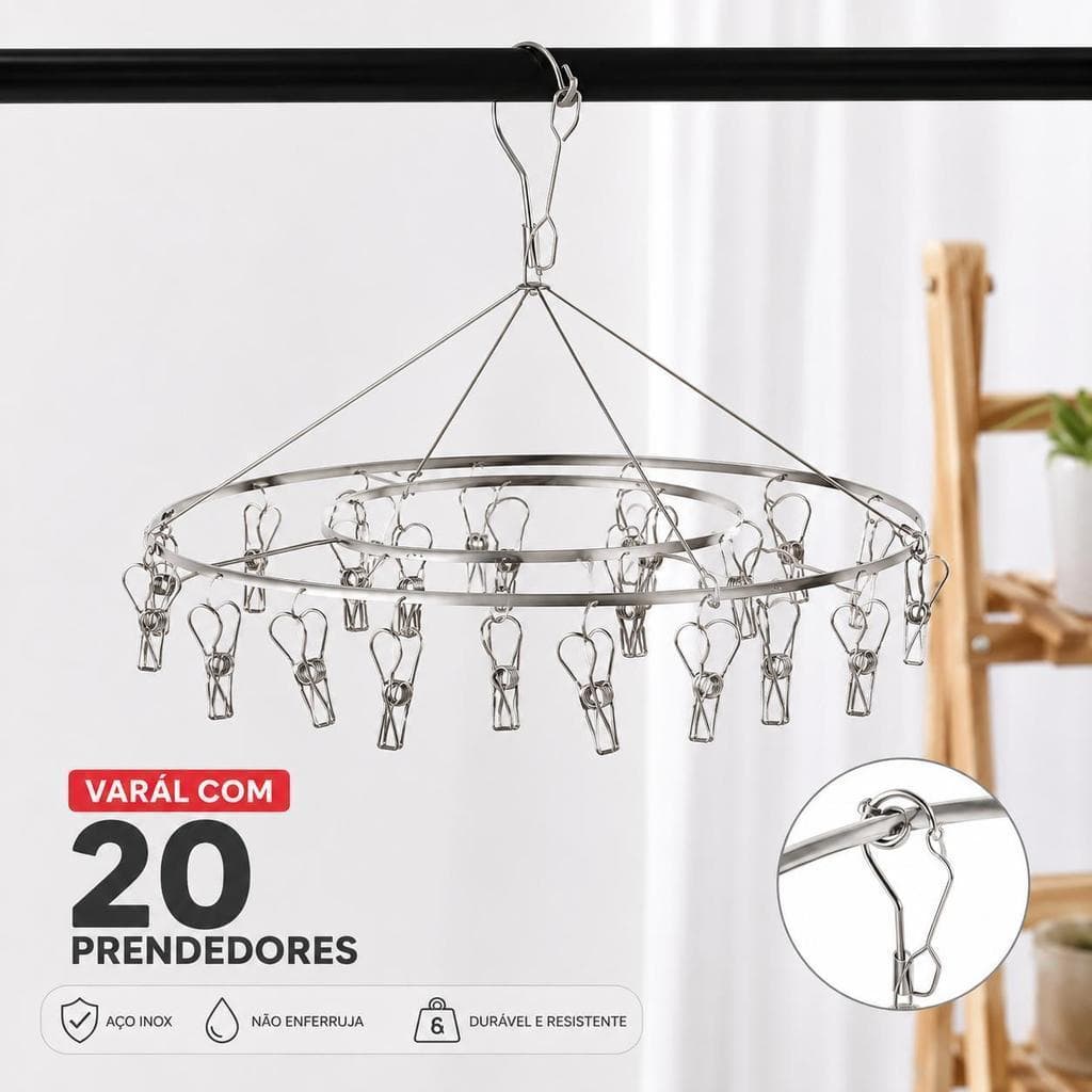 Varal com 20 Prendedores em Aço Inox Resistente Multifuncional