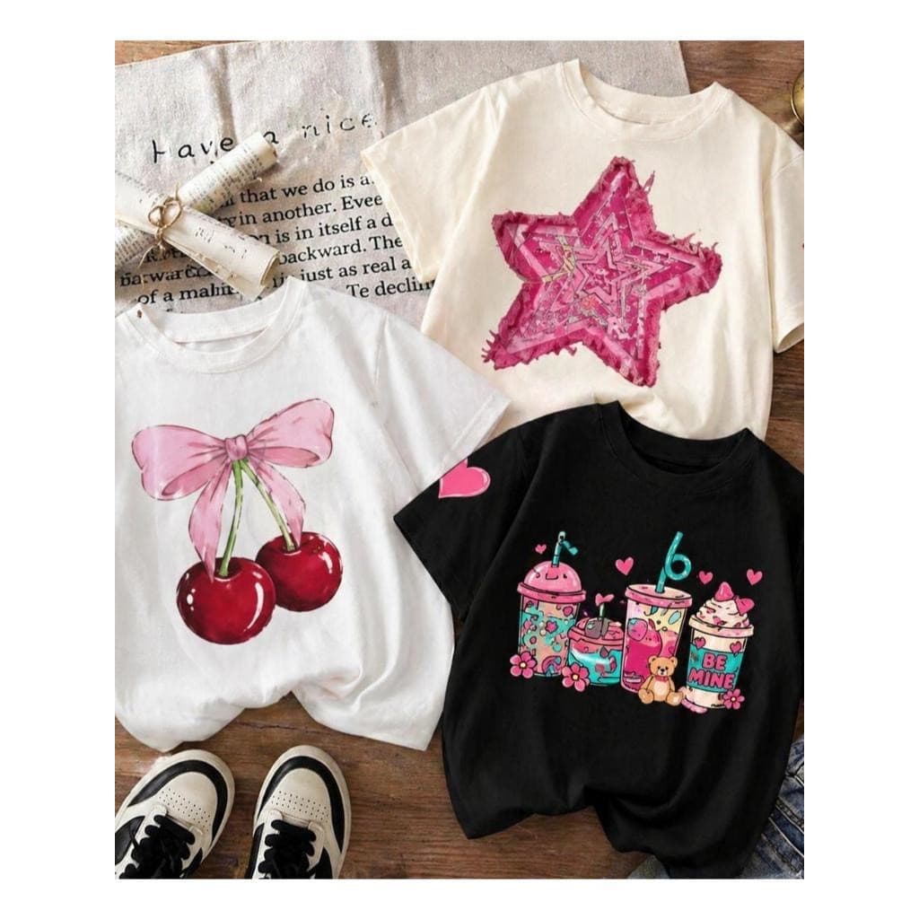 Kit 3 Camisetas Infantis T-Shirt Modinha Blogueira Luxo Menina Algodão Manga Curta Vintage
