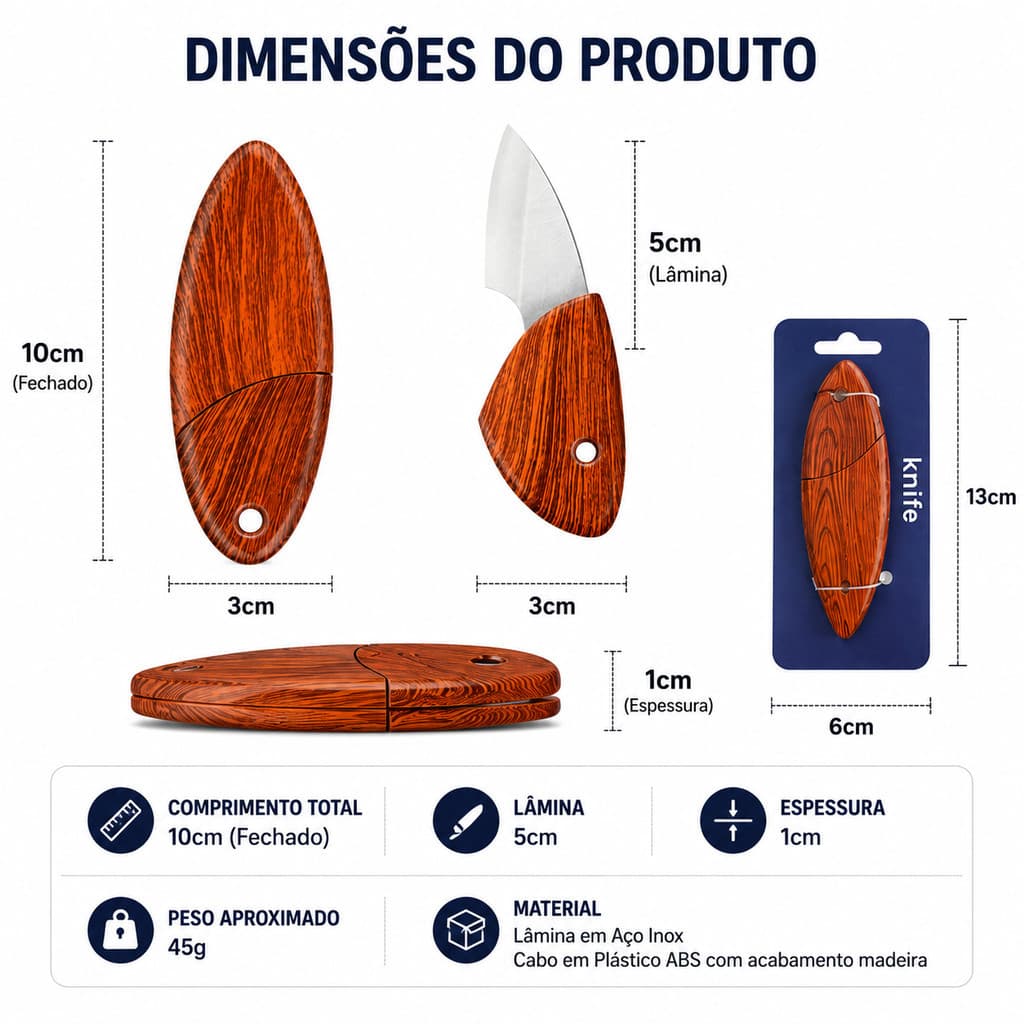 Faca Multiuso Compacta Formato Peixe Aço Inox Com Bainha Portátil