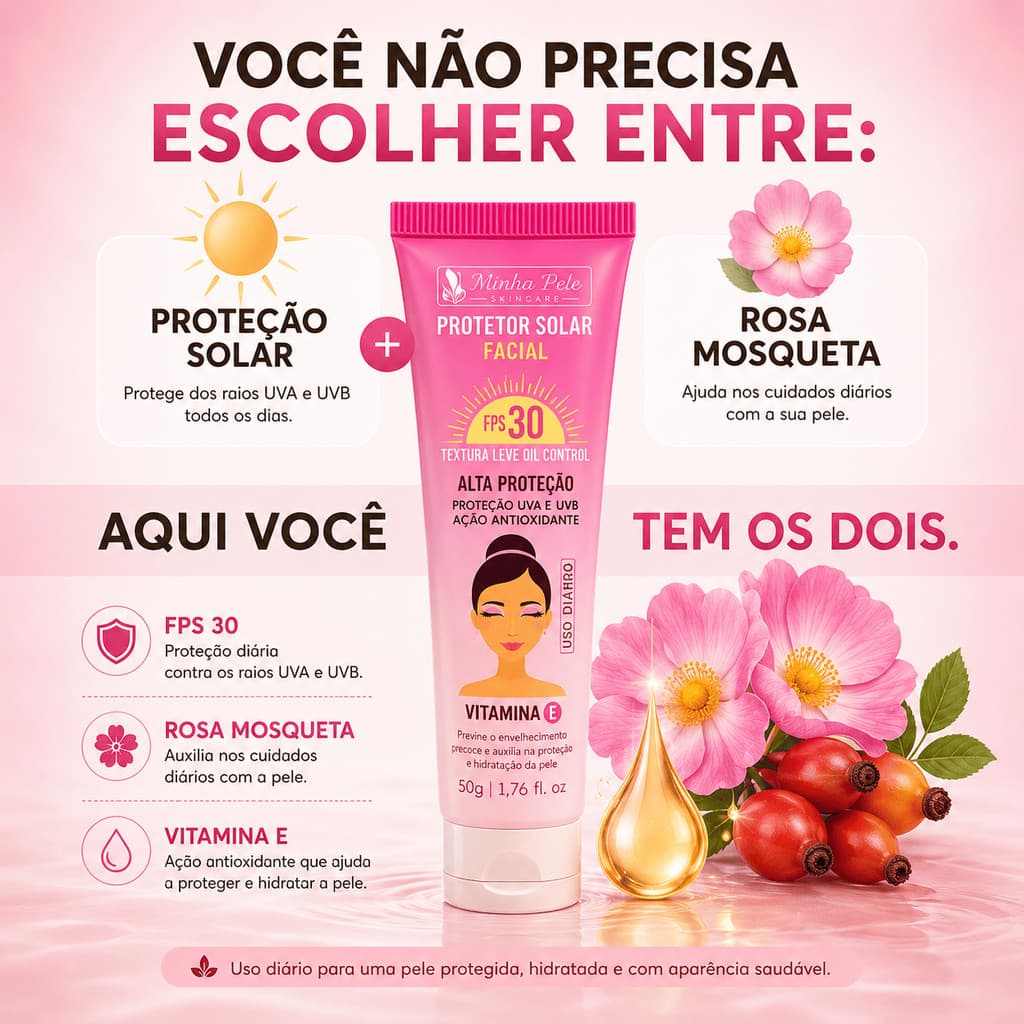 Protetor Solar Facial fps 30 com Rosa Mosqueta e Vitamina E Clareia e Protege 50g