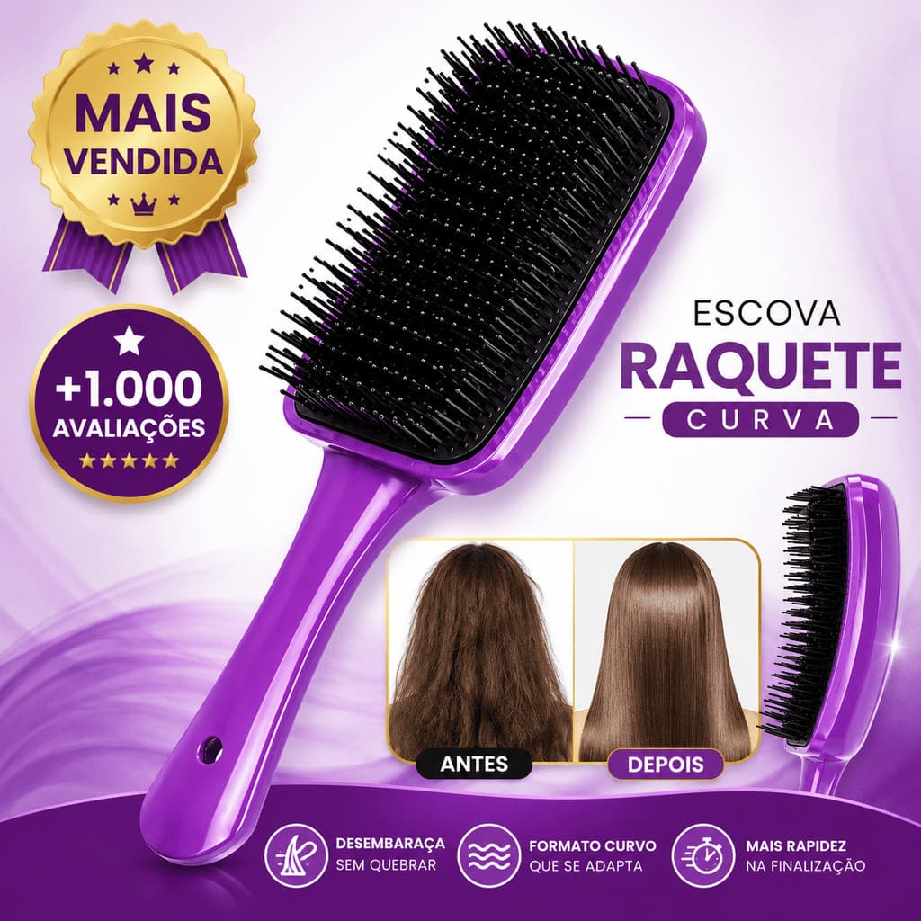 Escova Raquete Curva Para Cabelos Cacheados Lisos e Ondulados Cerdas Flexíveis Anti Frizz