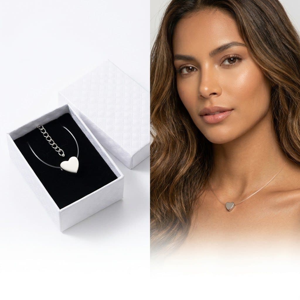 Colar Feminino Coração Prata  8mm Fio Invisível Flutuante + Caixa para Presente Luxuosa Perfeito