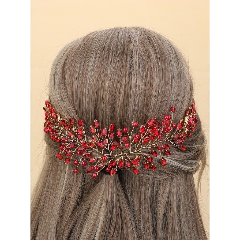 Tiara de Noiva de Cristal JWICOS, Acessório de Cabelo com Pérolas e Strass para Mulheres (Vermelho)