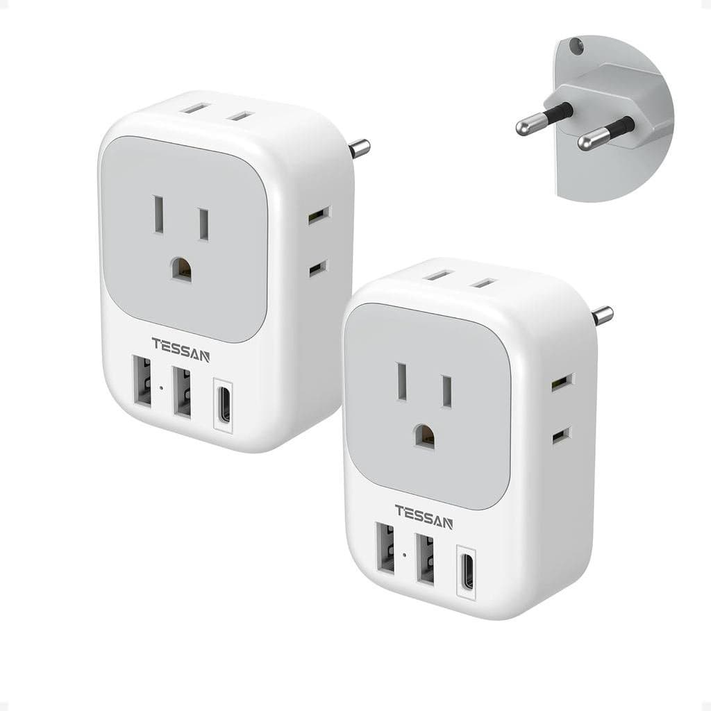 2 Adaptadores de Tomada Europeus USB C, Adaptador TESSAN dos EUA para a Europa com 4 Saídas e 3 Carregadores USB, Adapta