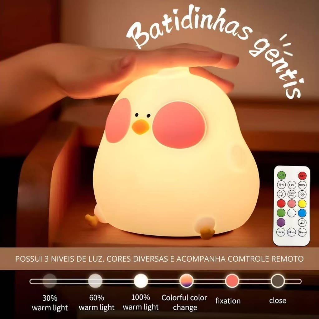 Luminária De Pato Silicone Com Led Em Formato De Pintinho Noturna Para Bebês Rgb Sensor Toque Com Controle