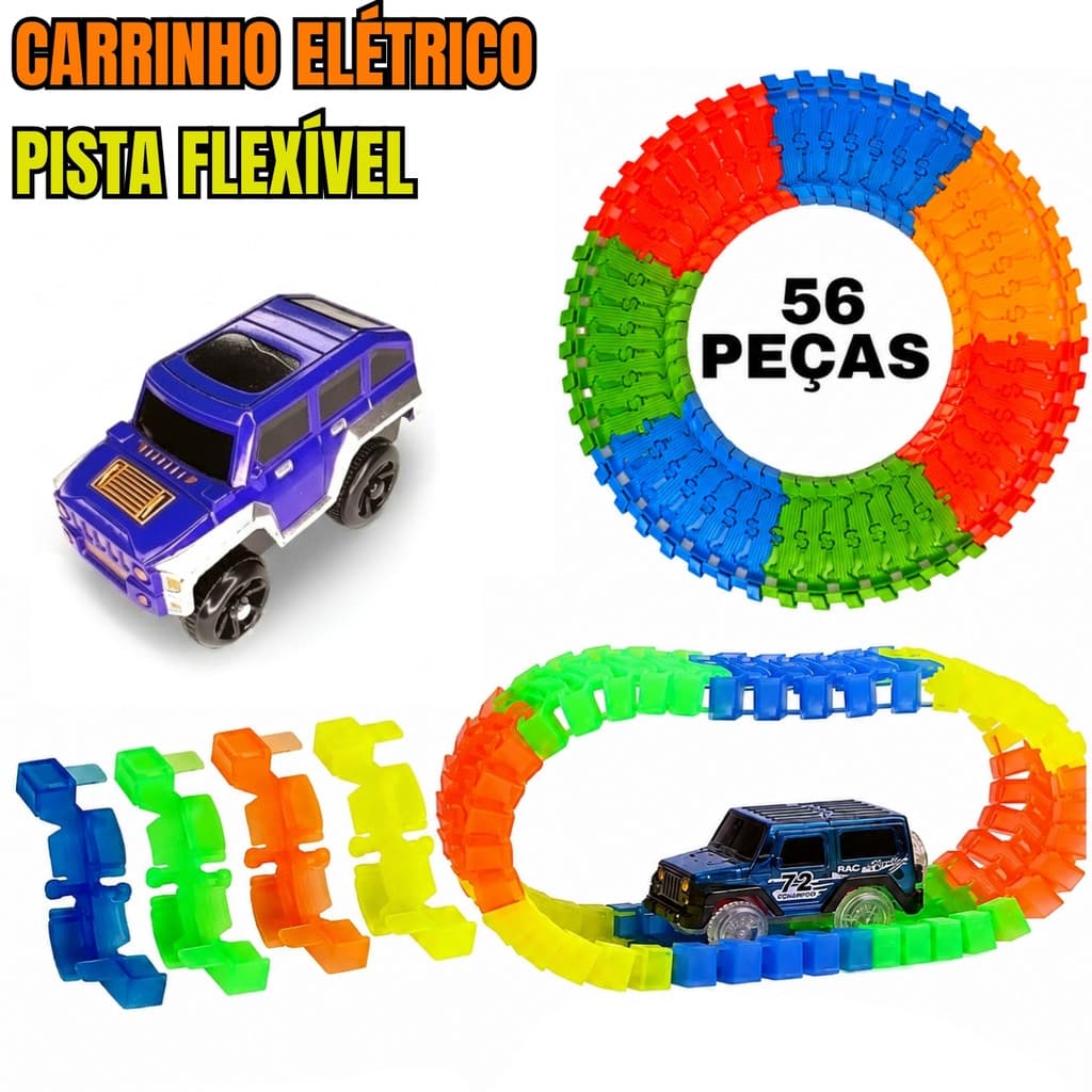 Brinquedo Pista Colorida Flexível 56 Peças com Carrinho Automático