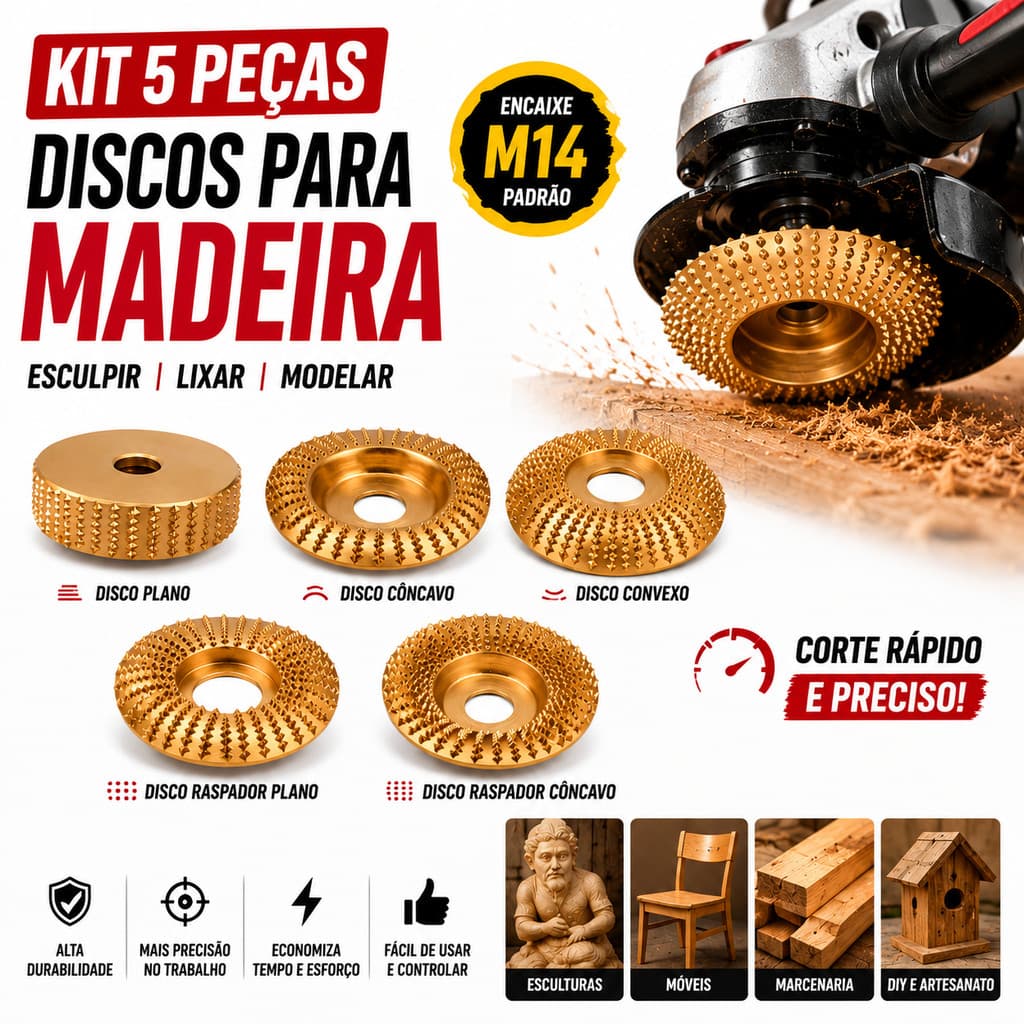Kit Disco Grosa para Madeira 5 Perfis Plano Curvo Côncavo e Chanfrado 100*16mm