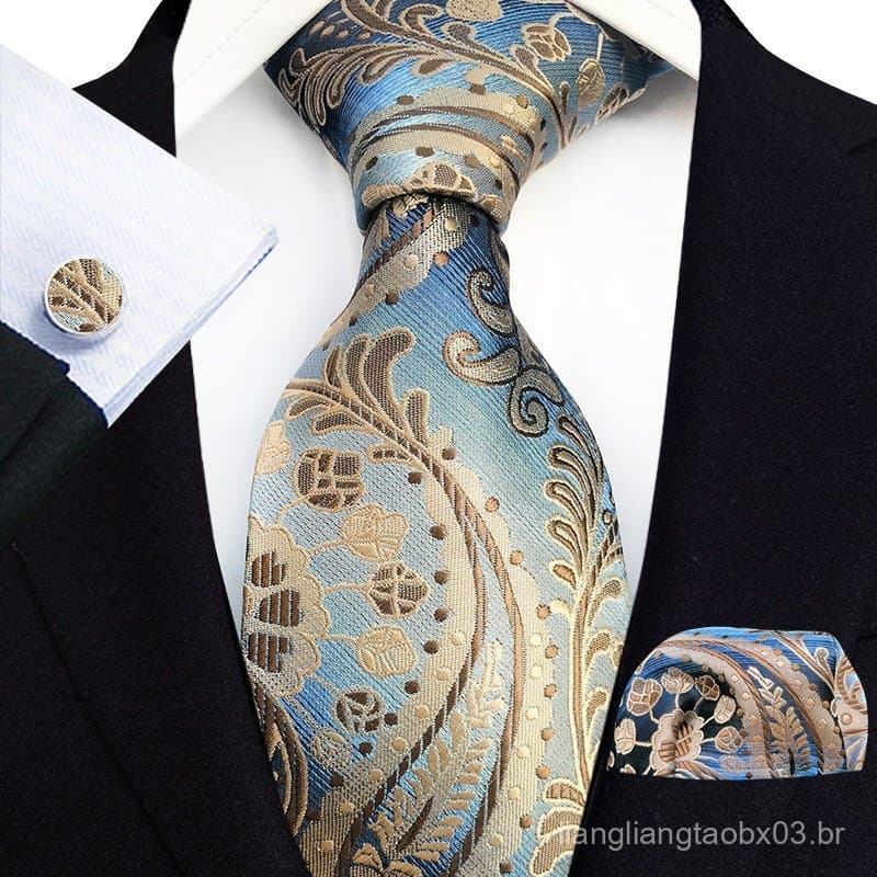 Gravata Formal Masculina Xadrez, Lenço de Bolso, Conjunto de Três Peças com Botões de Punho