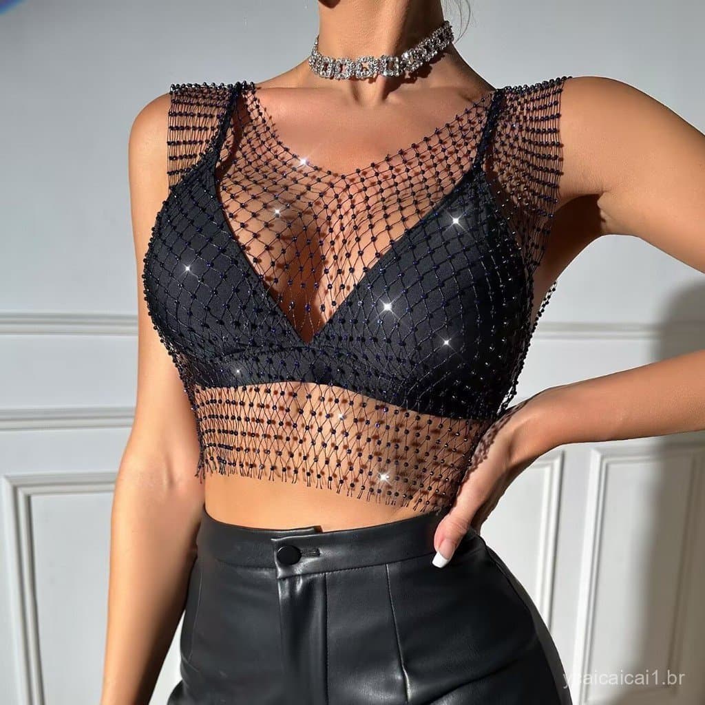 Blusa arrastão com permanente e camada externa curta e top vazado com strass 50cm/90cm