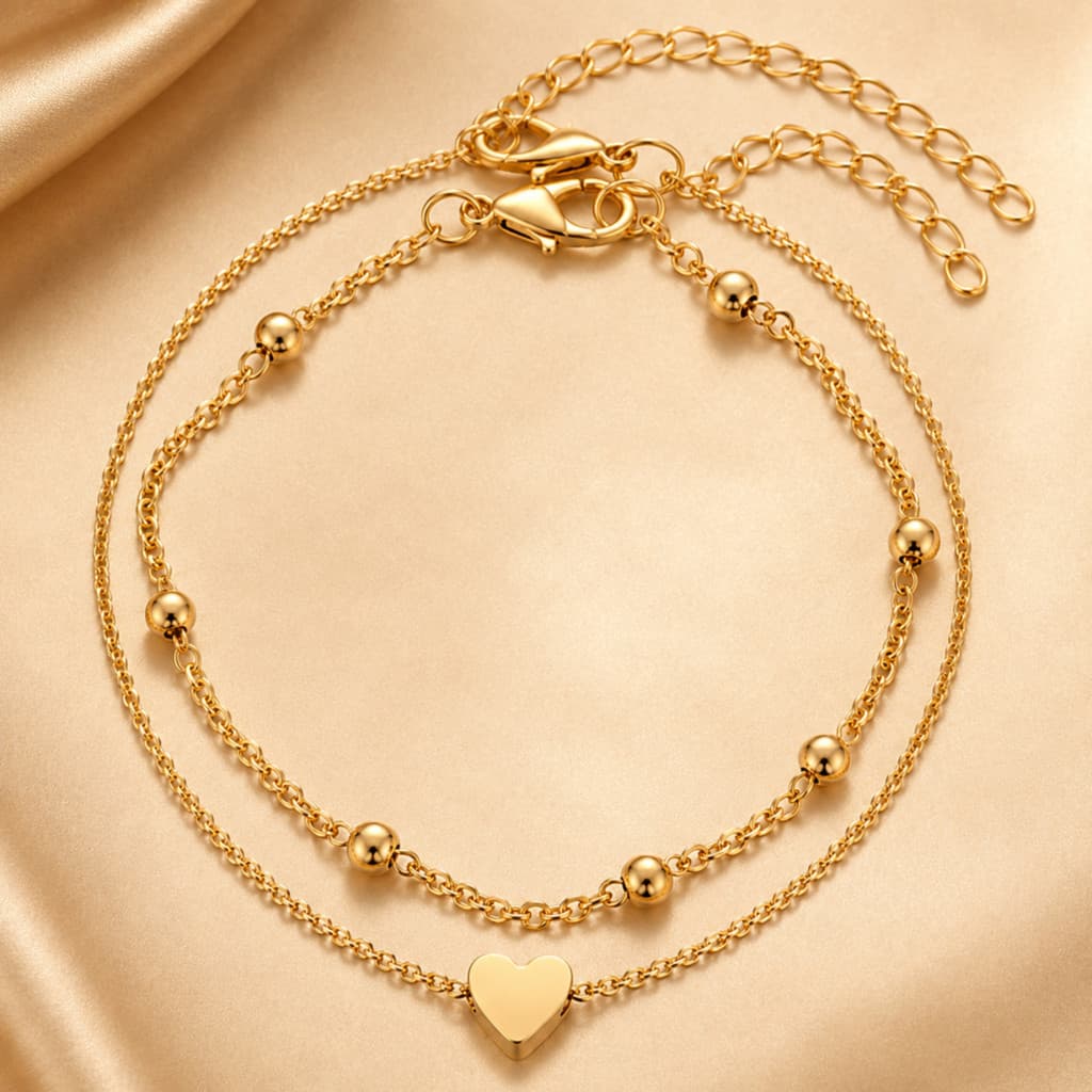 Conjunto de Tornozeleiras Femininas com Coração e Bolinhas Estilo Boho em Dourado ou Prateado