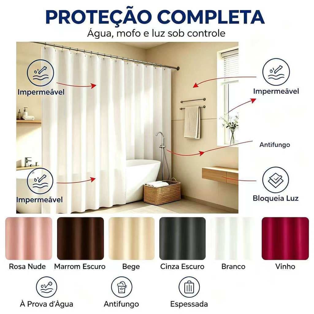 Cortina de banho impermeável reforçada, entregue em cor aleatória, dimensões 180x180 cm