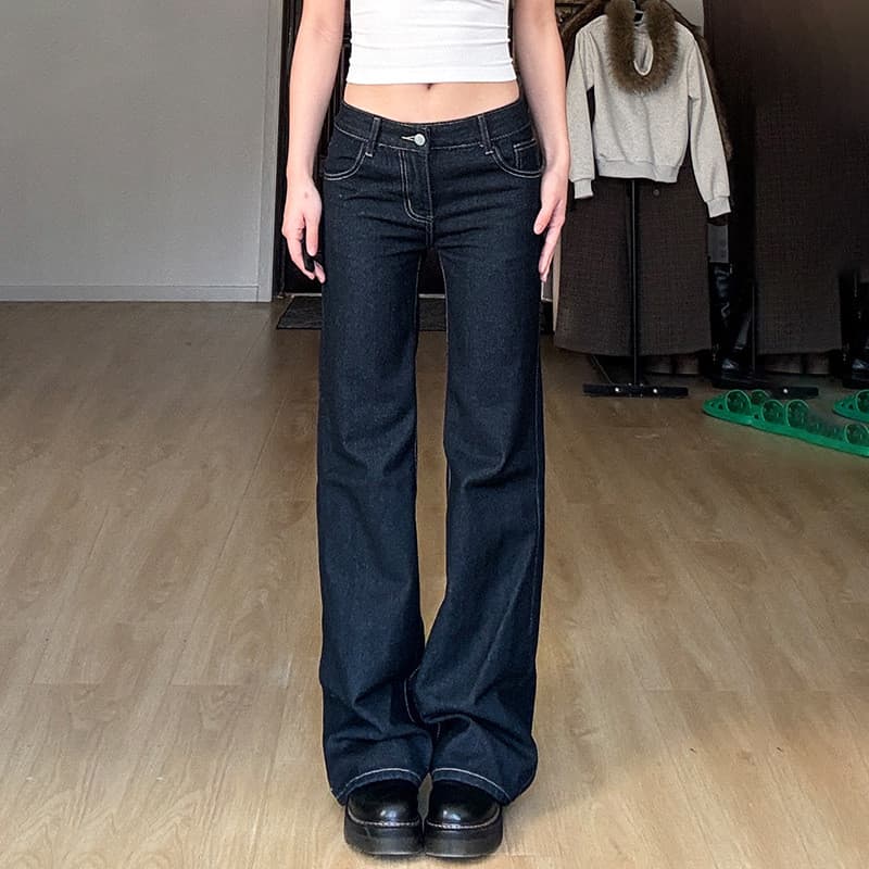 [Novo produto] Simples estilo retrô carta bordado desgastado cintura baixa Slim-Fit Look ligeiramente Jeans elegantes ca