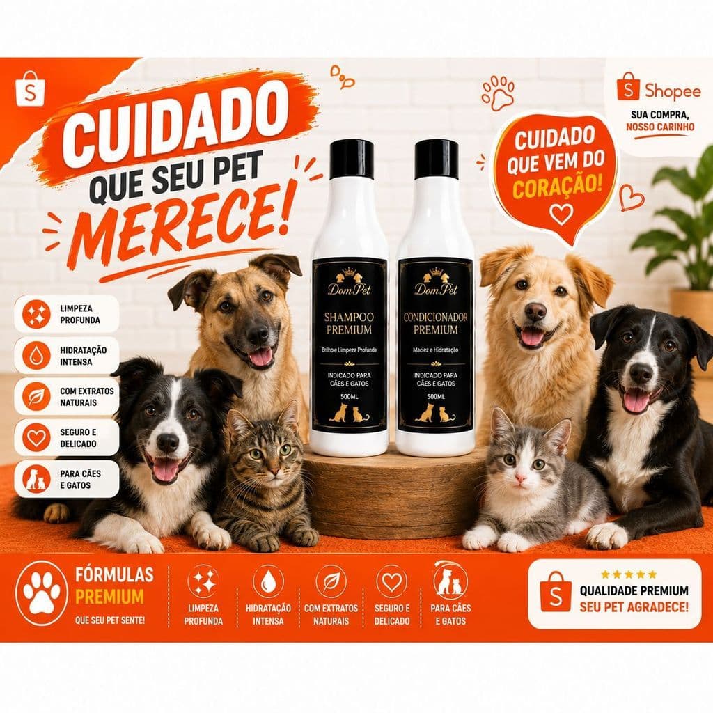 Kit Shampoo e Condicionador Pet Dom Pet 500ml Cães, Cachorros e Gatos Premium promoção