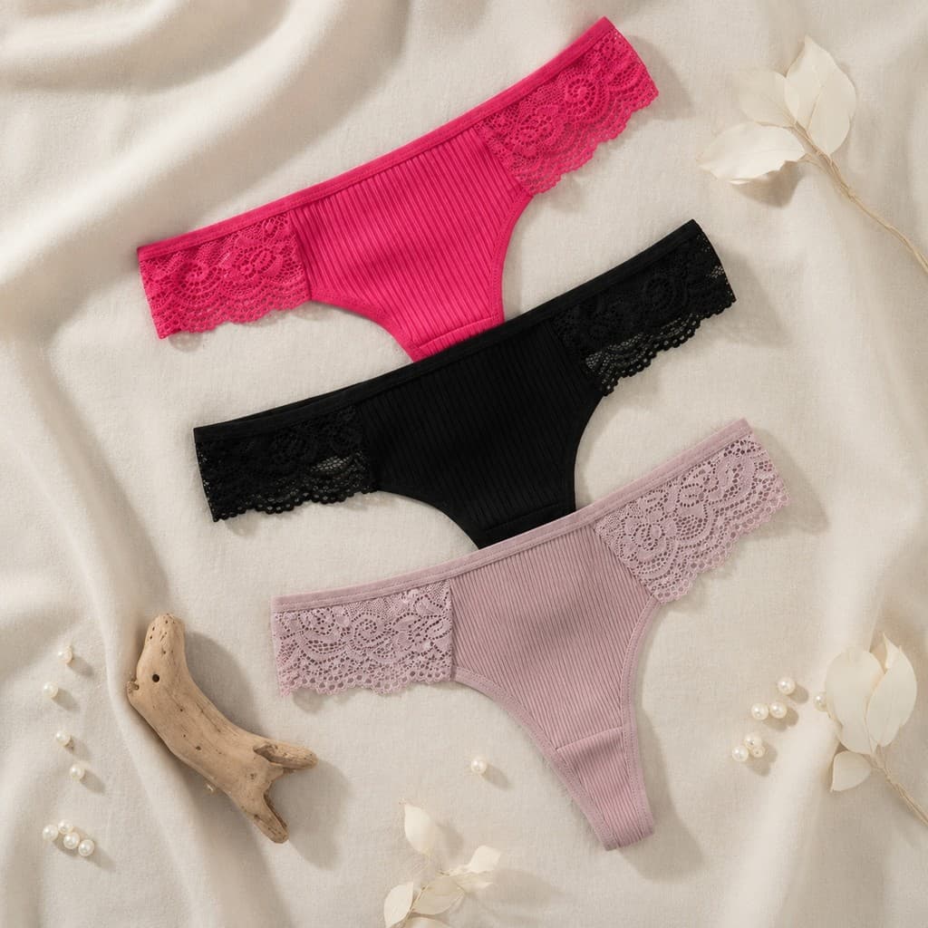 Kit 3 Calcinhas Fio Dental Feminina Tamanho P em Algodão com Renda Rosa Preto e Rosa Areia